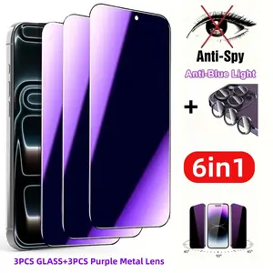 6in1[3pcs Anti-blue Light Privacy Screen Protector+3pcs Purple Metal Lens] For iPhone 17/17 Pro/17 Pro Max/17 Air/16E/16/15/14/13/12/11/Pro/Pro Max/Plus/13 Mini/12 Mini,Full Coverage,9H Hardness,Anti-Spy,Anti-Glare,Anti Fingerprint,Easy to Install