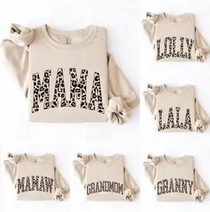 Custom Leopard Mama Sweatshirt, Personalized Mother's Day Gift, Black Crewneck for Mom Nana Gigi Mimi Granny Auntie, Retro Varsity Letter Pullover, Trendy Cheetah Print Gift for New Mom