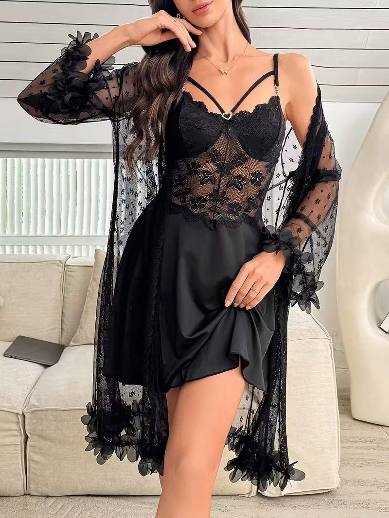 Women Solid Color Mesh Panel Lace Pajama Set with V-Neck, Adjustable Straps Comfortable Sleepwear