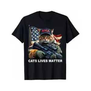 Men's Cotton Round Neck Short-Sleeve Top T-Shirt, Casual Streetwear with Cats Lives Matter Print and MAGA Print, Shortsleeve
