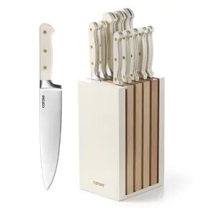 11PCS Knife Set with Block for kitchen, Stainless Steel Razor-Sharp Blade, Triple Riveted Ergonomic Handle,Essential Knife Set, Beige