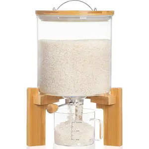 8-10 Lbs 5L Glass Rice Dispenser with Wooden Stand, Flour and Cereal Container with Glass Measuring Cup, Pantry Food Organization Storage Bin with Airtight Bamboo Lid