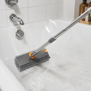 3 in 1 Shower Scrubber with Extendable Handle, TikTok Viral Cleaning Tool for Deep Cleaning, Stiff Bristle Brush + Rubber Squeegee + Hair Removal Clip, 360° Rotation for Bathroom Tile, Grout, Tub, Glass, Wall, Home Cleaning Essentials