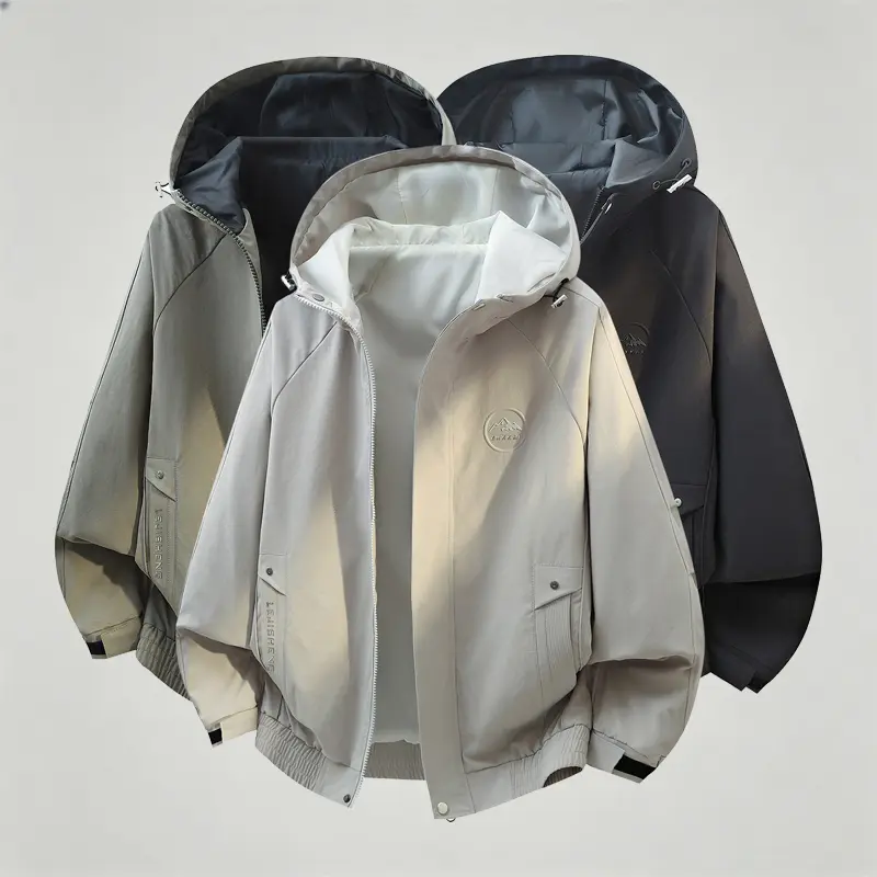 Minimal Mountain Embroidery Hooded Windbreaker Jacket Unisex  Adjustable Drawstring Hood Zip Snap Pockets Elastic Cuff Hem Oversized Loose Water Resistant Hiking Techwear Casual Outerwear
