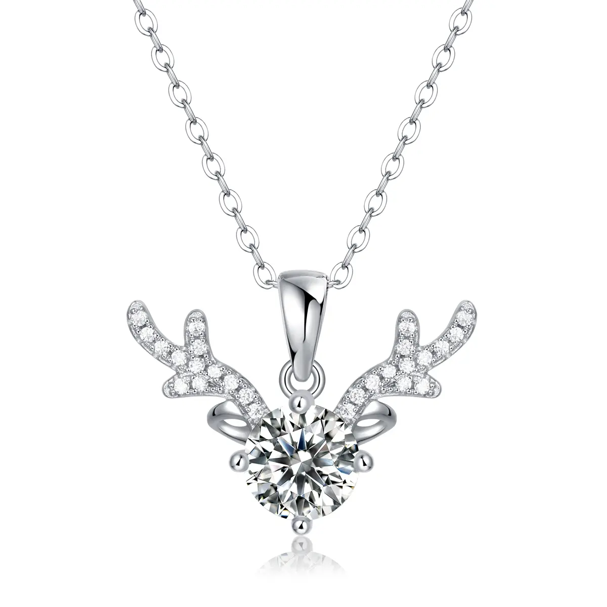 Women's S925 Sterling Silver D Color VVS Quality Moissanite Necklace, Round Cut Antler Shape Pendant Female Piece, Special Events Gift for Her
