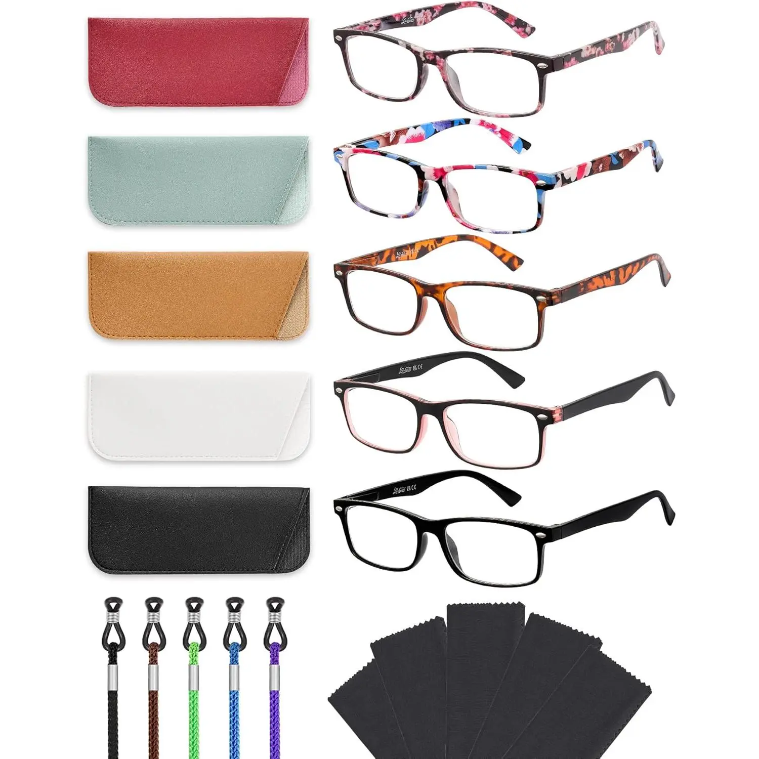 Women's 5-Pack Daily Reading Eyeglasses, Lightweight Durable Blue-Light Lenses Ease Screen Strain Frames, Spring Hinge, Multicolor Faux, with Pouch, Strap & Cloth - 2.75 Strength High-Quality Fashion Eyewear