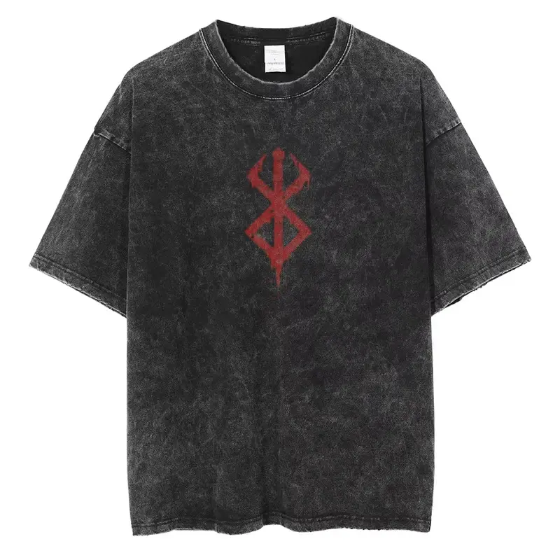Menswear Berserk Anime Logo Graphic Printed Comfy Breathable Short-Sleeve Washed Cotton Vintage Manga T-Shirt, Streetwear Oversized Harajuku Tee for Men, Casual, Top