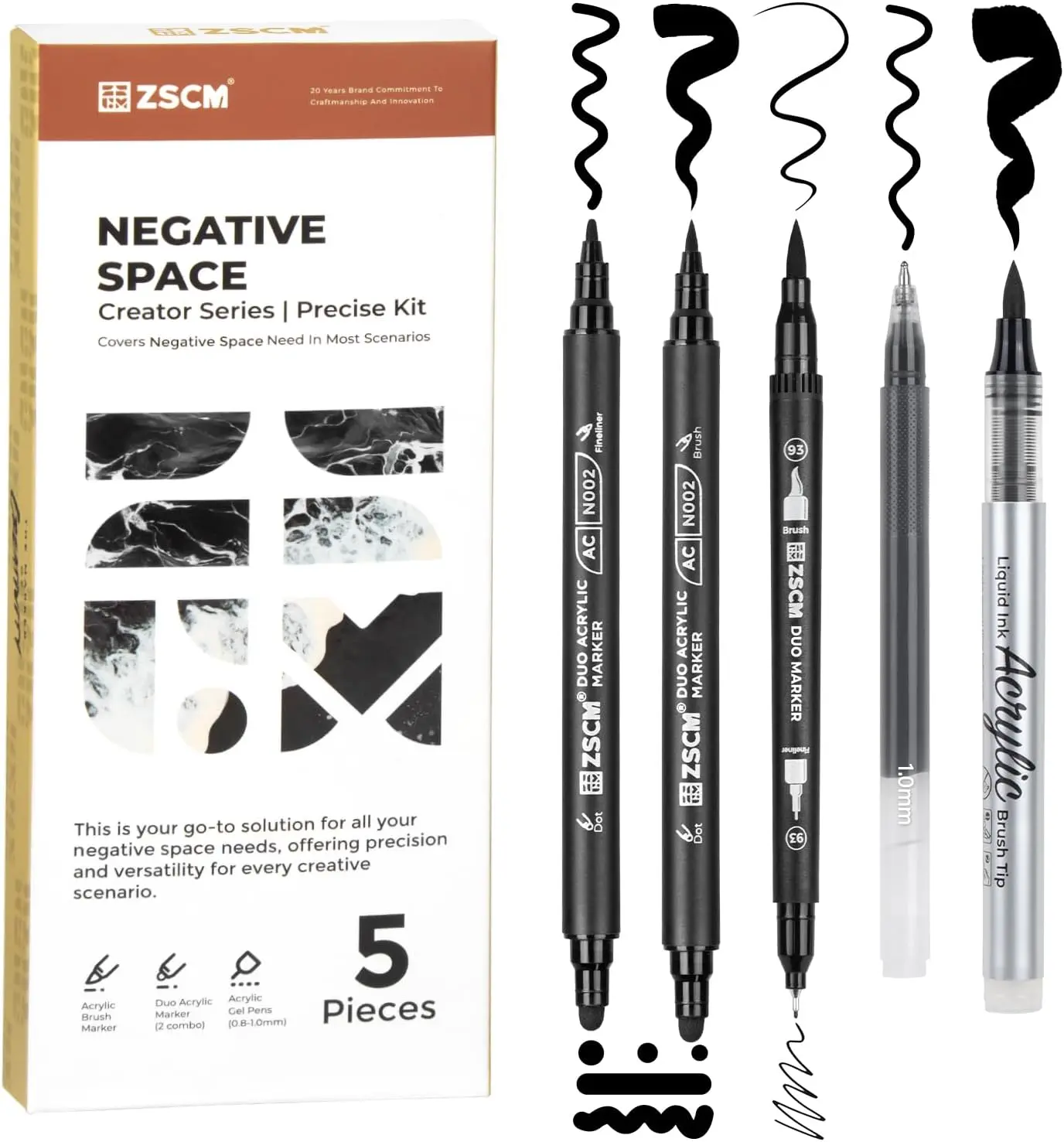 ZSCM 5-Pack Black Dual-Tip Acrylic Markers - Fine Point Gel, Brush Tip Opaque Ink Pens, Office Art Supplies with Precise Control for Sketching, Card Making & Artistic Needs