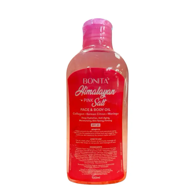 BONITA Himalayan Pink Salt Face & Body Oil 100ml – Deep Hydration Collagen Oil with Moringa & Korean Citron | Moisturizing, Firming & Skin Toning Daily Body Massage Oil with SPF 30