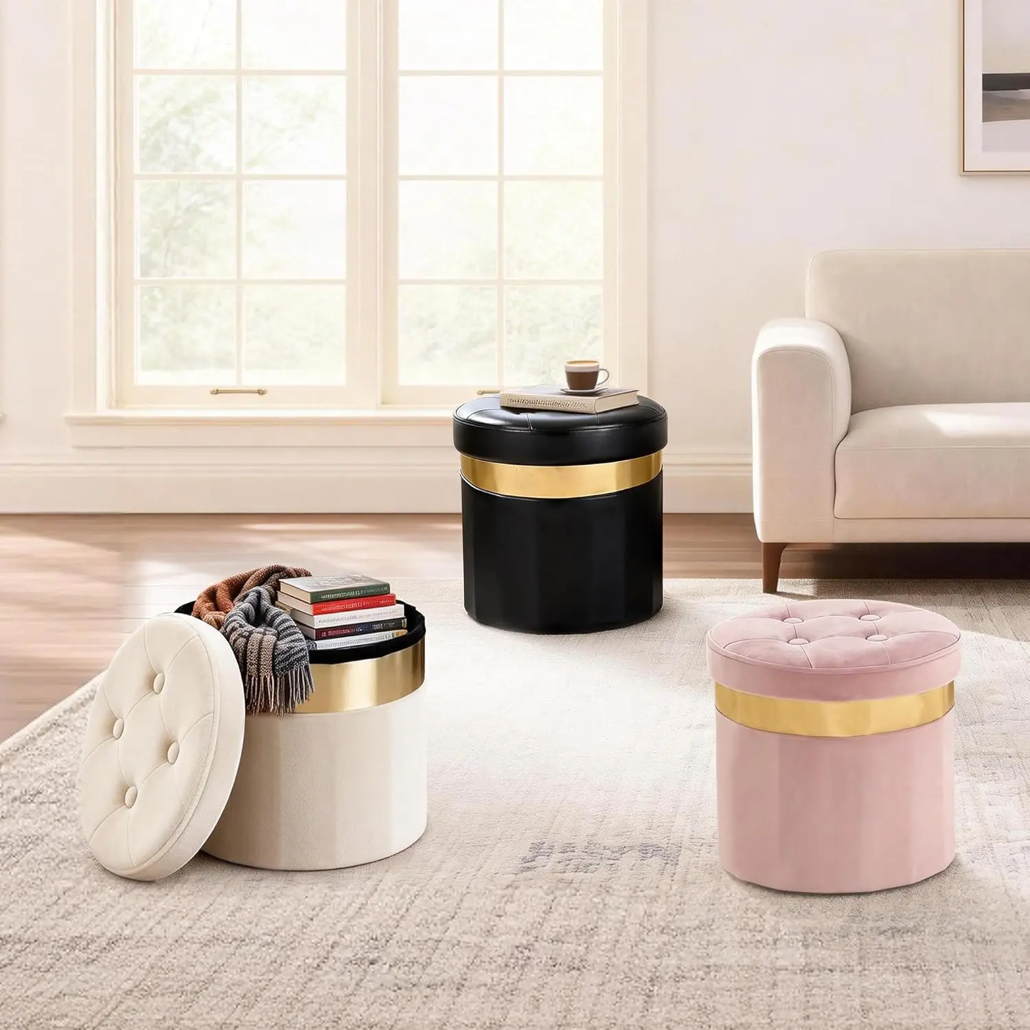 Round Ottoman with Gold Trim with Soft Padded,Foot Rest for Living Room13“x13”x12.4(Beige,1pcs) Round Ottoman with Gold Trim with Soft Padded,Foot Rest for Living Room13“x13”x12.4(Beige,1pcs)