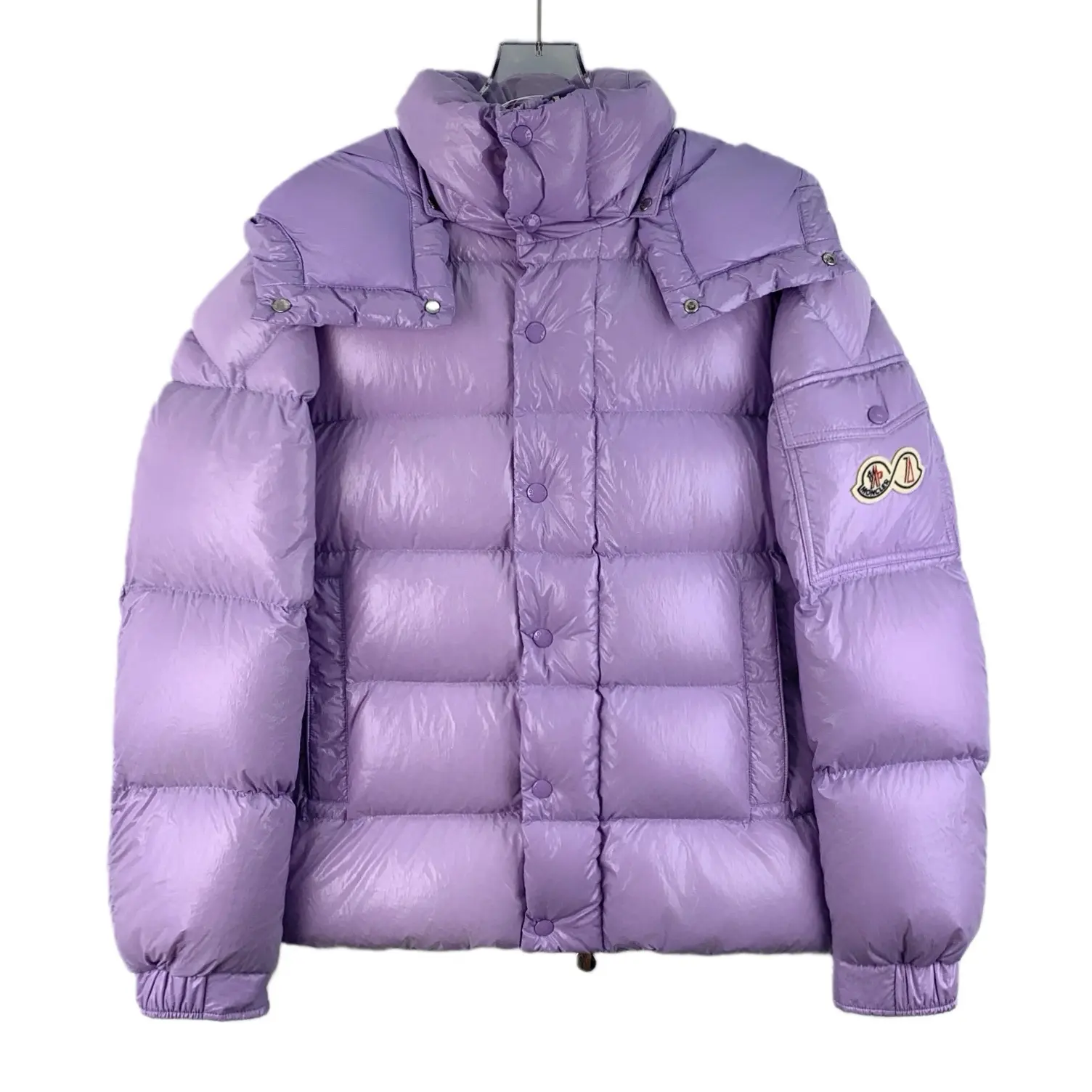 RDLT-Moncler Size 1 Purple Hooded Long Sleeve Down Jacket with Logo Patch Maya-H25384