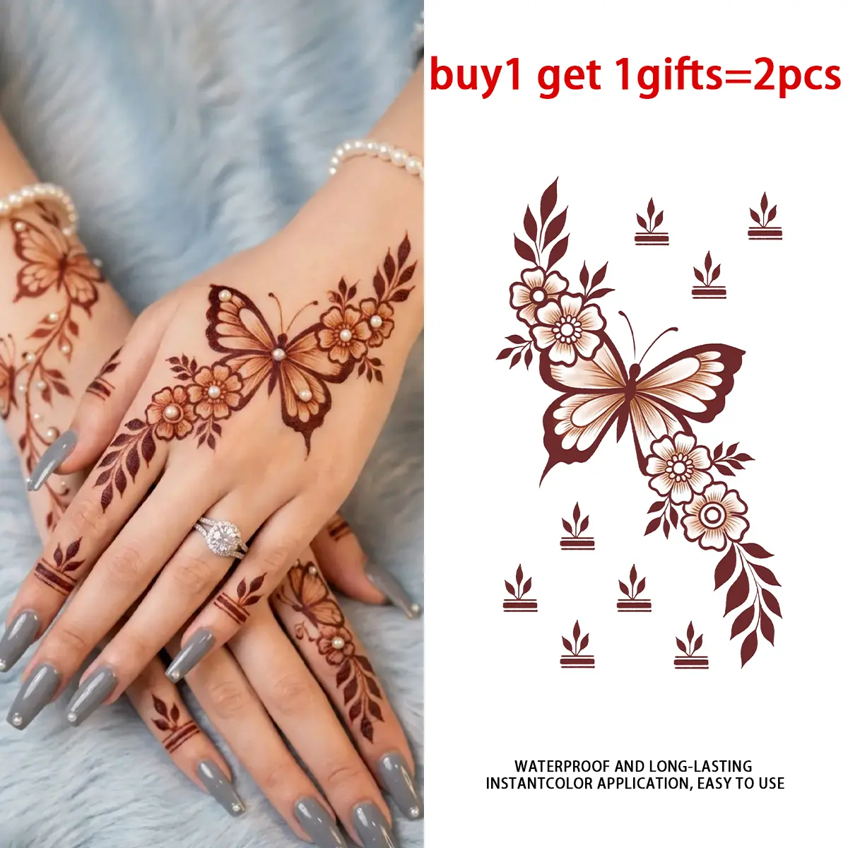 Henna Brown Butterfly Floral Temporary Tattoo Stickers - 2 Sheets Semi-Permanent Waterproof Realistic Fake Tattoos, Single Item For Women, All Skin Types Ideal For Beach, Party, Wedding