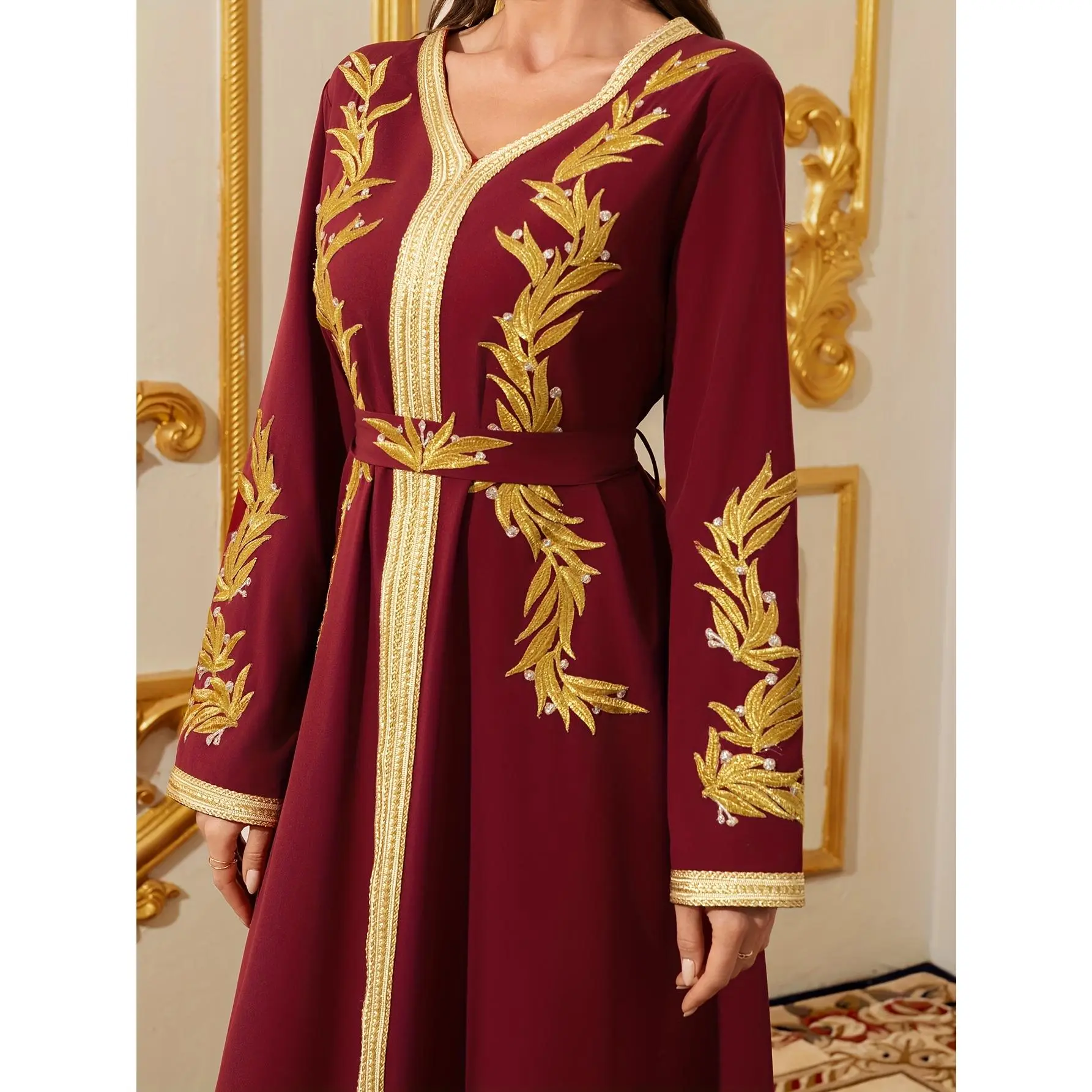Women's Middle Eastern Arabic V-Neck Abaya Dress with Golden Embroidery & Waist Belt - Burgundy Long Women's Middle Eastern Arabic V-Neck Abaya Dress with Golden Embroidery & Waist Belt - Burgundy Long