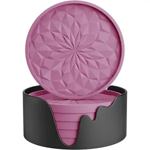 Coasters with Holder,[6 Pack] Drinking Coasters - Cup Mat for Hot or Cold Drinks, Thickened, Non-Slip, Non-stick,Deep Tray Dusty Rose