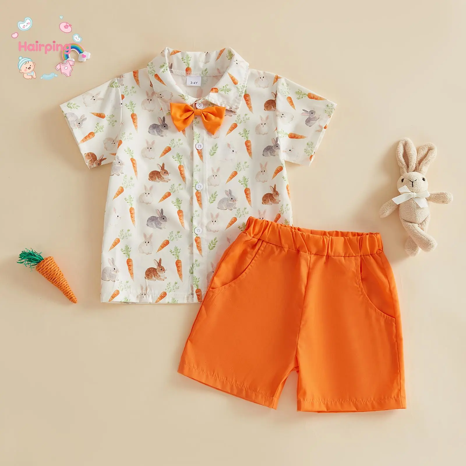 Baby Boy Easter Bunny & Carrot 2-Piece Outfit, Short Sleeve Button-Down Shirt with Bow Tie & Orange Shorts Casual Occasion Wear