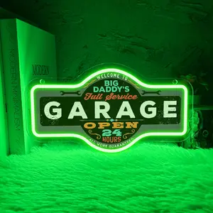 "Daddy's Garage" LED Neon Sign, Neon Lamps - USB-Powered Plastic Wall Art With Retro Car Design, Vibrant Green & Orange Lighting For Man Cave, Garage, Bar, Game Room Perfect Gift For Dad, Garage Decor