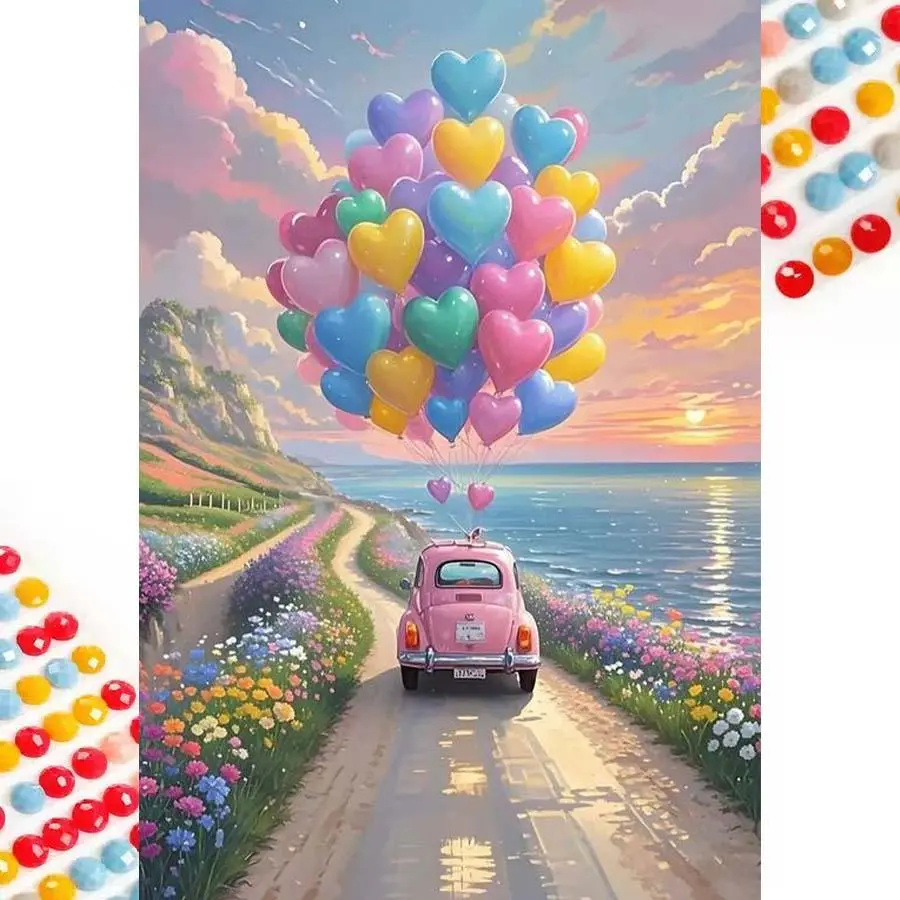 5D DIY Diamond Arts Colorful Painting Kit, Car & Heart Balloon Pattern Diamond Arts Colorful Painting No Frame, Handmade Craft Wall Art Decoration, Diamond Pattern Design, Handmade Gifts, DIY Kits