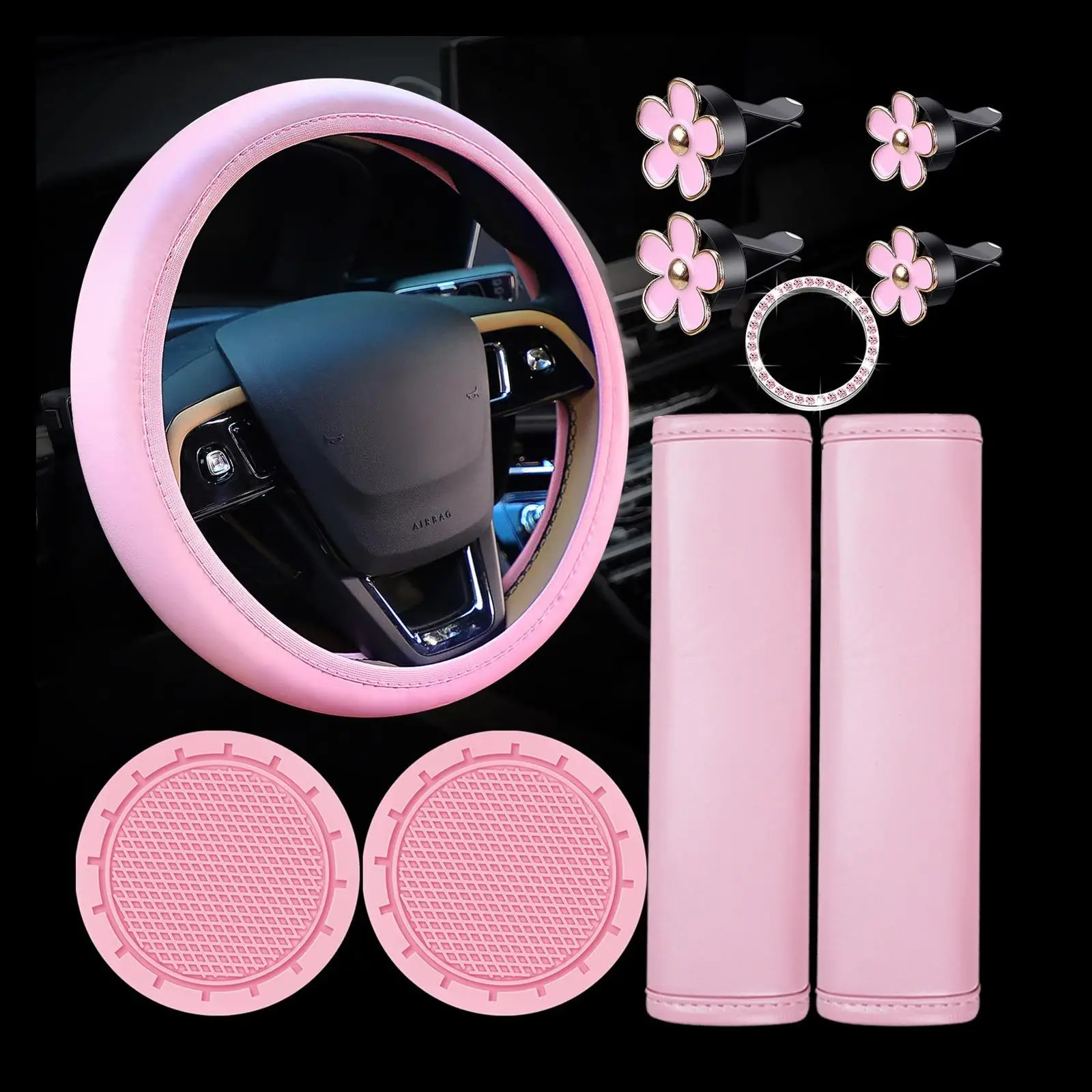 Solid Color Car Interior Accessories Set, Auto Interior Decorations, Including Steering Wheel Protector & Coaster & Seat Belt Shoulder for Women, Pink
