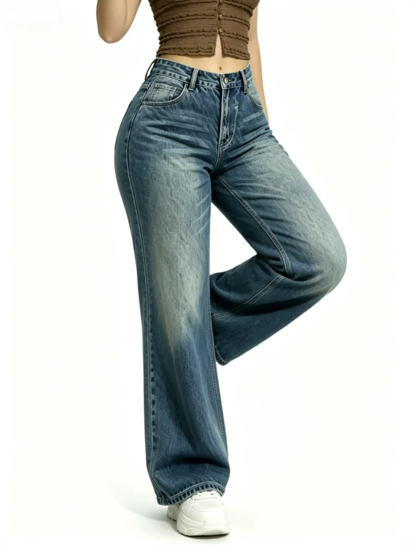 Women's Mid-Low Rise Loose Baggy Wide Leg Straight Jeans - Distressed Denim Style, Tummy Control, Curve Hugging, Basic Minimalist Comfortable Baggy Denim, Pockets, Regular Size BBL Spring Daily Outfits WH45, Baggy Denim Style