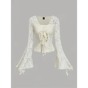 MOD Sleeve Apricot Romantic & Elegant Front Tie Blouse, Cute T-Shirt For Women, Autumn/Winter Hollowed Costumes Women Outfit Pirate Top Princess Women Costume Going Out Tops Clothes Casual Sleeve Womenswear Fabric Soft Comfort