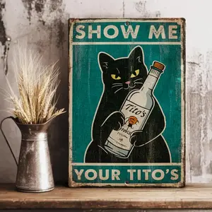 Retro Vintage Cat Holding Tito's Vodka Bottle Canvas Art Print For Kitchen Living Room Bar Decor + Nostalgic Charm Show Me Your Tito's Retro Metal Aluminum Tin Sign Vintage