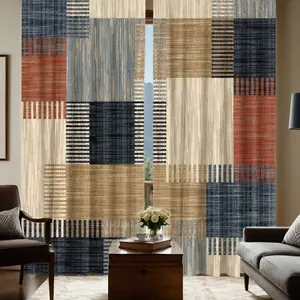 2pcs Vintage fabric patchwork Pattern Printed Curtains, semi-transparent polyester material, fade-resistant. Machine washable, rod pocket hanging, suitable for bedrooms and living rooms, home decoration, Home Textile