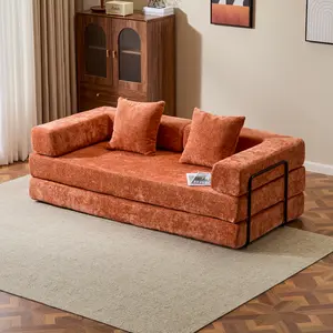Convertible Sleeper Sofa Bed, Compression Folding Sofa with Pillow, No Assembly Required, Shape Frame, Floor Sofas Lounge Couch for Living Room, Bedroom, Small Spaces (Chenille, 77''W, Orange)