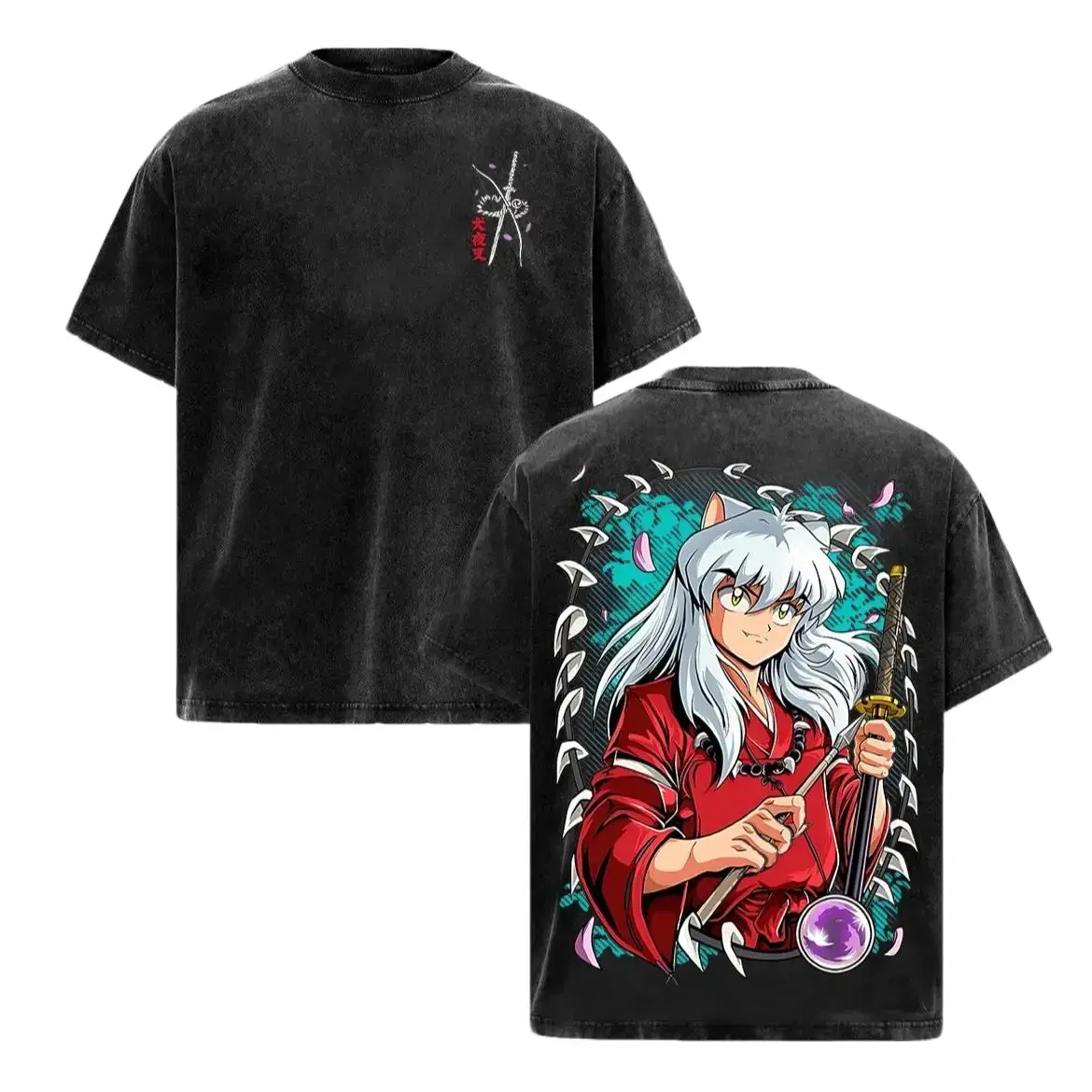Inuyasha Vintage Washed Heavy Cotton Graphic Tee Retro Feudal Demon Anime Oversized T Shirt Yokai Aesthetic Streetwear Top Y2K 90s Nostalgia Manga Lover Gift Otaku Merch Japanese Fashion Trending Apparel Unisex Mens Womens Cosplay Sesshomaru