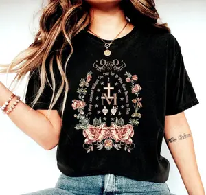Marian Catholic T-Shirt, Mary T-shirt, Catholic Gifts For Women, Catholic T-shirt, Marian Cross Shirt, Floral Women Religious Shirts