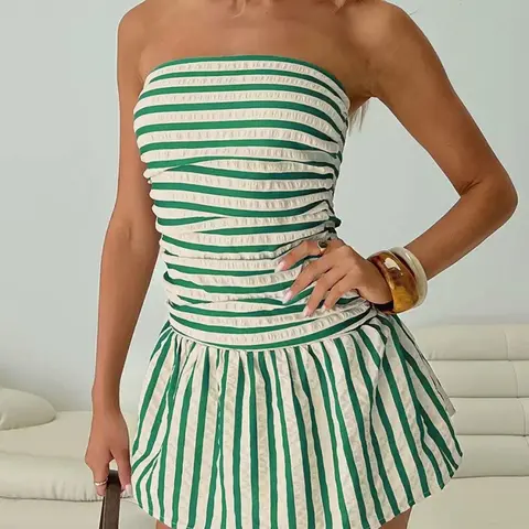 Women's Striped Print Tube Dress, Casual Short Dress for Summer, Beach Sundresses, Ladies Clothes for Beach Holiday, Beach Resort Wear, Beachwear Dress, Casual Chic Fitted Dress