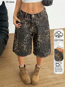 Women's Leopard Print Denim Capri Pants, Casual Wide Leg Loose Fit Shorts, Slant Pocket Design, Fashionable Versatile Summer Wear