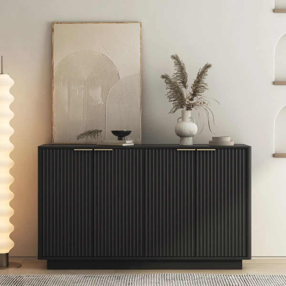 Black Art Deco Modern Sturdy Buffet Cabinet - 55.10x15.70x31.80in, Durable Storage Sideboard with Adjustable Shelves, Metal Handles, Corrugated Panel, Regular Door, Fire Safety Label, Assembly Required Credenza Console Table
