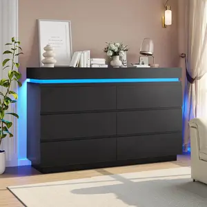 Sikaic Modern 6 Drawer Dresser bedroom Furniture with Sliding Desktop Charging Station and LED Lights for Living Room Hallway Entryway Cabinets Organizer Usb Ports Outlets Interior Storage Organizing