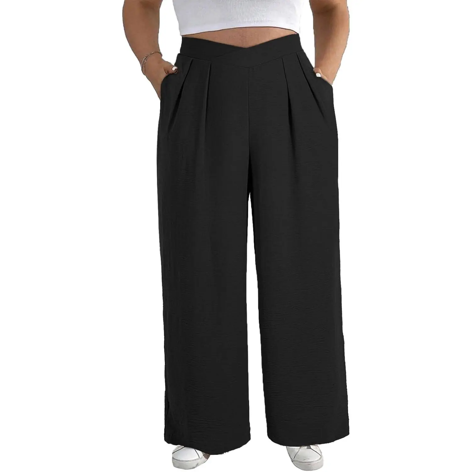 Womens Plus Size Wide Leg Pants Crossover Waist Pleated Front Casual Work Pants Lounge Trouser with Pockets(1X-5X)