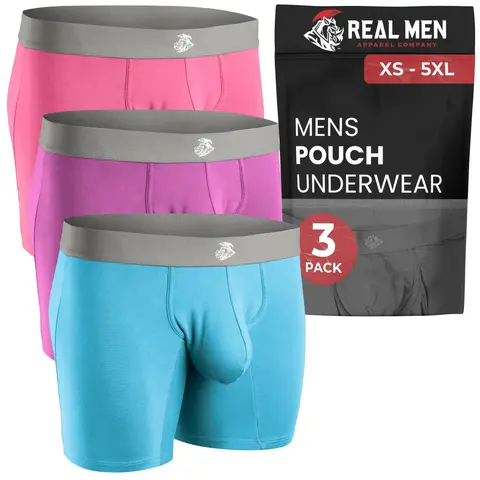 Men's Modal Pouch Boxer Briefs - 7in Inseam, Stretchy, Breathable Comfy Underwear, Activewear Sportswear Athletic Underwear, Light Red/Violet/Sky Blue, Soft Stylish Long Pocket Set