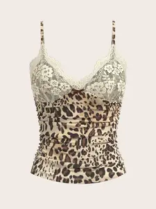Glamine  Summer Cheetah Leopard Print Contrast Lace Camisole Top