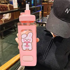 Kawaii Bear Water Bottle with Straw Sport Plastic Portable Square Drinking Bottle for Girl Cute Juice Tea Water Cups 700ml(Pink,700ml)