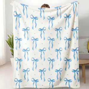 Watercolor Blue Bows Fleece , Soft Pastel Decorative Throw, Cozy All - Season, Perfect for  Room, Nursery, Bedroom & Gifting Girls/Friends blanket