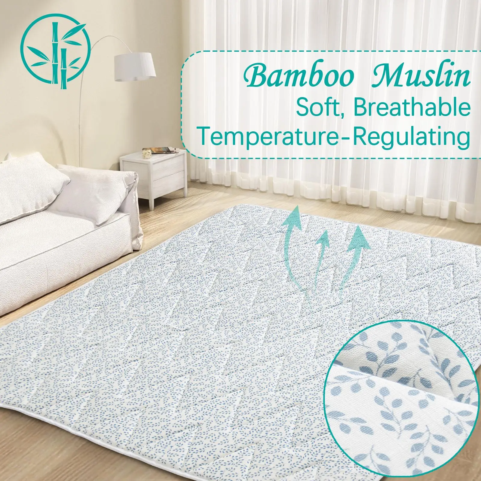 Cooling Bamboo Muslin Play Mat Playpen Mat - Summer Ultra-Soft Breathable Absorbent Non-slip Large Padded Foam Portable Lightweight Indoor Outdoor Act