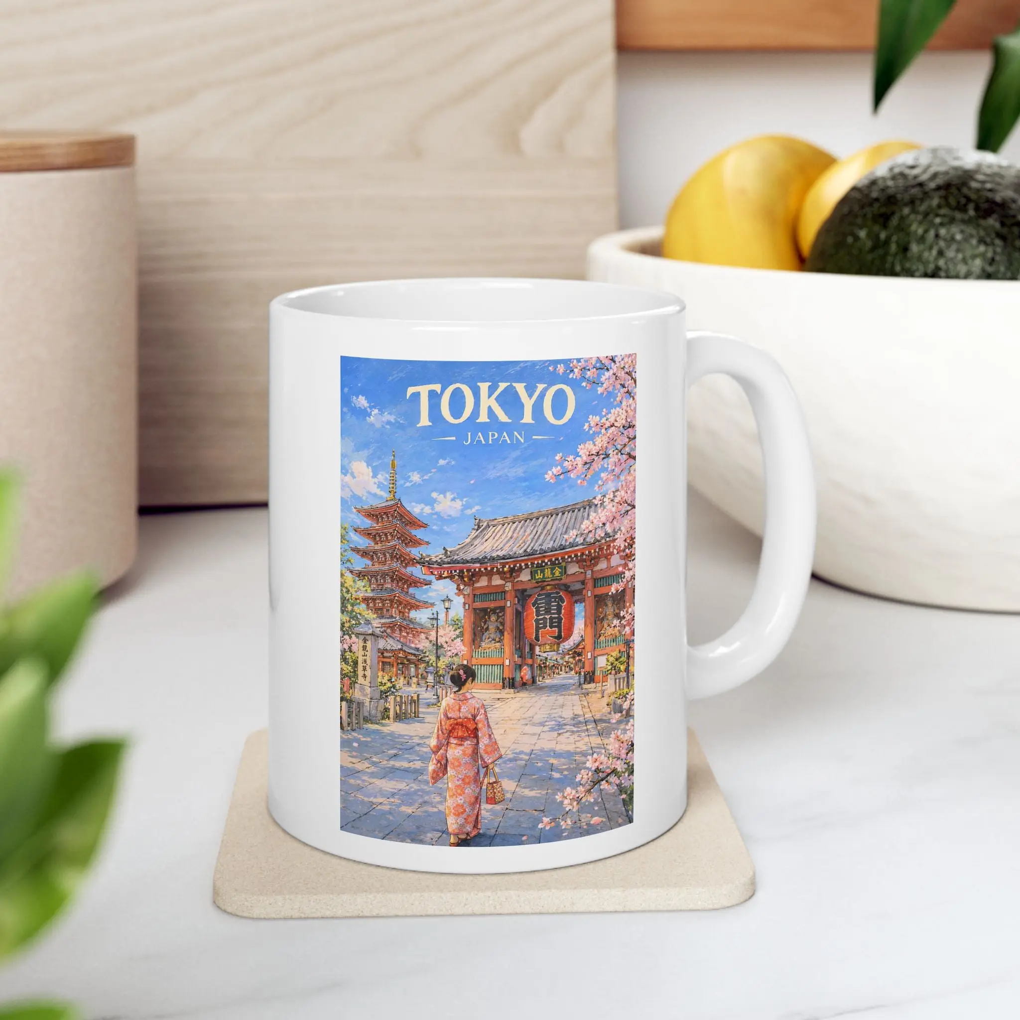 Tokyo Japan Mug, Cherry Blossom Japanese Pagoda Mug, Scenic Spring Landscape Ceramic Cup