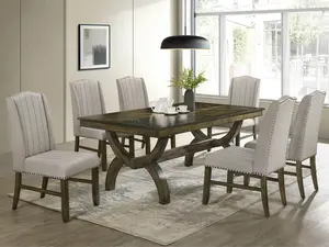Klarissa D531-6SC531 7 pc Antique Brown Oak Finish Wood Grain Top Dining Table Set with Fabric Chairs for Cozy Gatherings