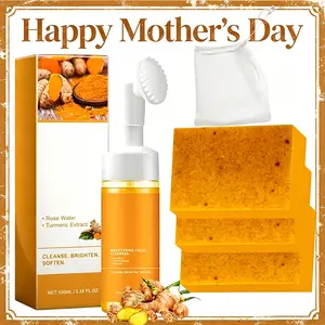 Turmeric Cleansing Mousse & Lemon Turmeric Kojic Acid Brightening Soap 2-Piece Set, Facial Cleanser Wash Exfoliating Dark Spot Glow Skincare Thanksgiving gift tumeric