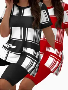 Women's Casual Plaid Print Short Sleeve Top and Shorts Set, Crew Neck Polyester Pullovers with Split Detail, Stretch Fabric, Regular Sleeve Lash Sets for Casual Attire