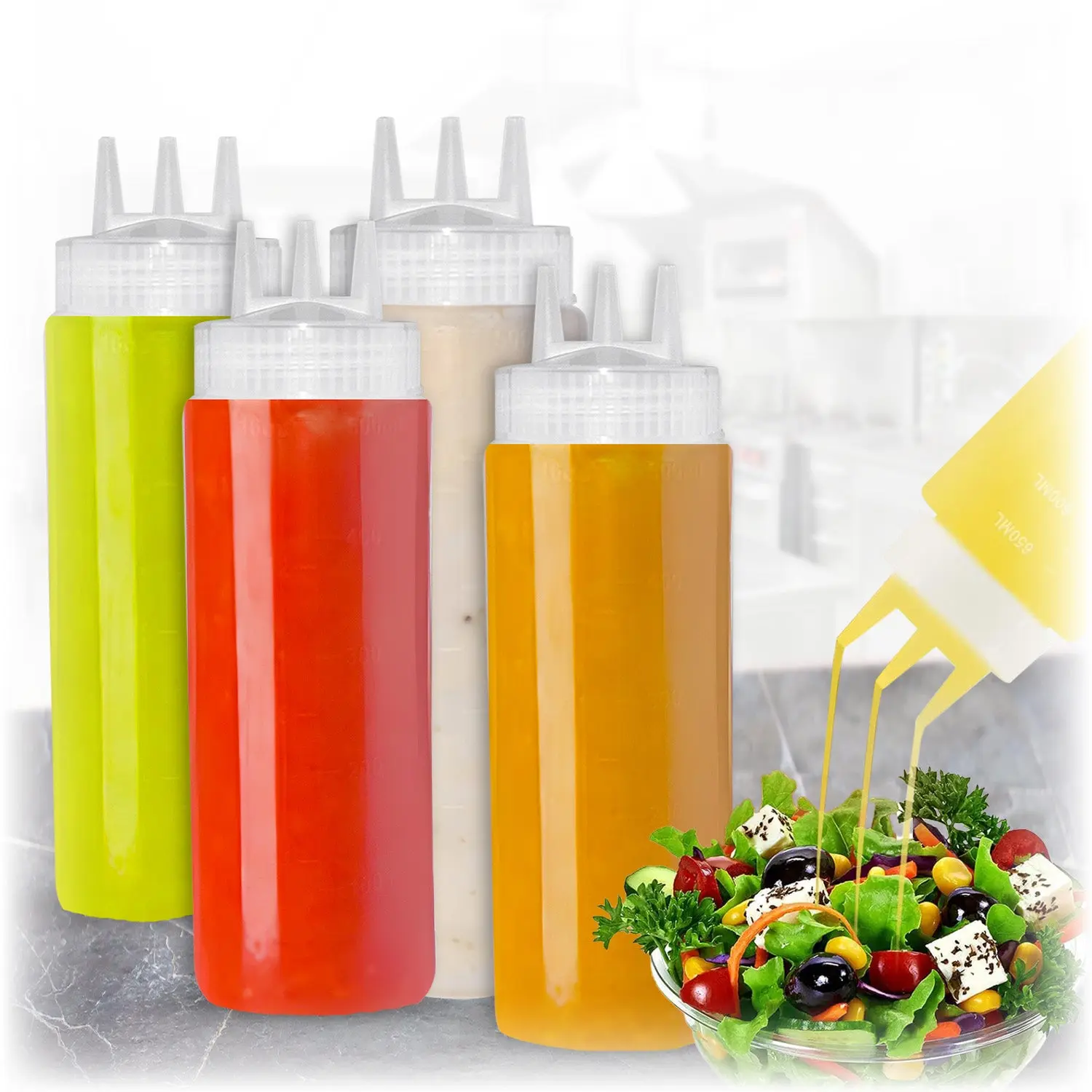 ALDKitchen Squeeze 4 pcs Bottle Set | 3-Hole Design Condiment Bottles | Durable, Food-Safe, & Versatile