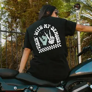 Unisex Skeleton Halloween Shirt – Good With My Demons Design, Black Cotton Casual Tee Streetwear Classic Sweatshirt Tshirt