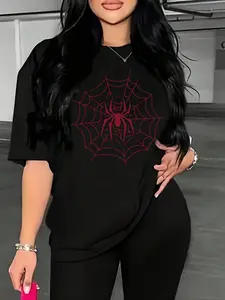 Women's Spider Web Print Round Neck Tee, Casual Short Sleeve Crew Neck T-shirt for Summer, Fashion Women's Top for Daily Wear, Halloween