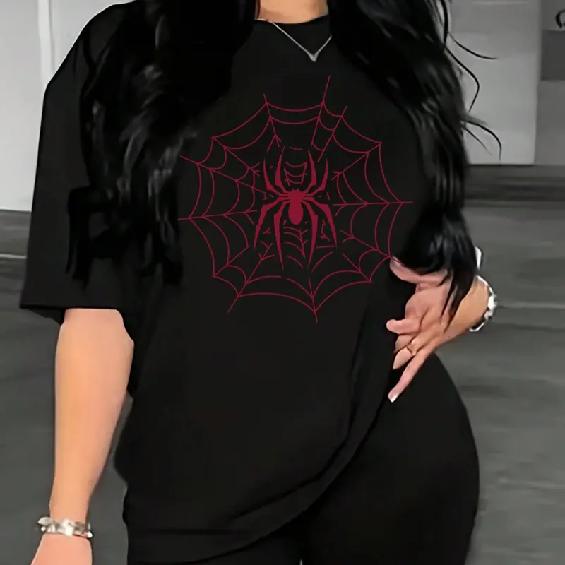 Women's Spider Web Print Round Neck Fitted Soft Jersey Tee, Casual Short Sleeve Crew Neck T-shirt for Summer, Fashion Women's Top for Daily Wear, Halloween, Animal Tee, Summer Tees, Womenswear