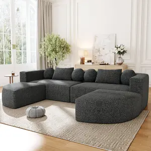 115" U-Shaped Modular Sectional Sofa Couch, 6-Seat Cloud Sofa, Compression Sofa with Back Pillows, Boucle Fabric, No Assembly Required, Ideal for Living Room or Apartment, Grey