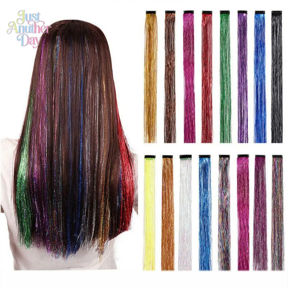 4Pcs Multicolor Hair Tinsel with Clips, 4Pcs Shiny Laser Glitter Synthetic Hair Extensions, Metallic Strands, No Glue Needed, Great for Temporary Color, Raves, Cosplay, and Everyday Glam Looks