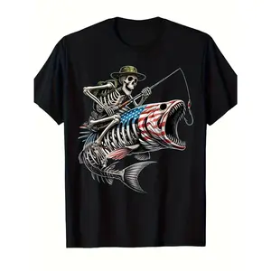 100% Premium Cotton T-shirt Fishing American Flag Bass Fish Skull Skeleton Fisherman T-Shirt